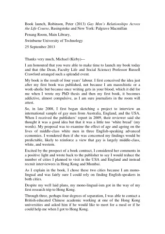 Book launch, Robinson, Peter (2013) Gay Mens Relationships Across the Life Course , Basingstoke