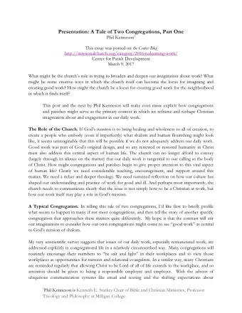 Presentation: A Tale of Two Congregations, Part One Phil Kenneson 1 This essay was posted on the