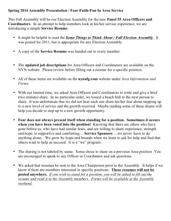 Spring 2014 Assembly Presentation / Fear-Faith-Fun In Area Service This Fall Assembly will be our