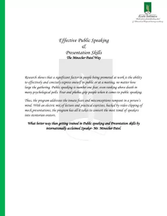 Effective Public Speaking  &amp; Presentation Skills  The  e Mi  Mino  nocher Pat  cher Patel  el