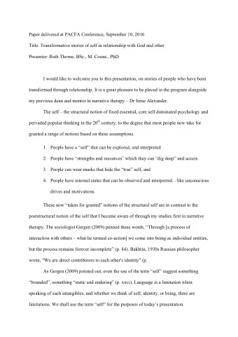 Paper delivered at PACFA Conference, September 10, 2016  Title: Transformative stories of self in