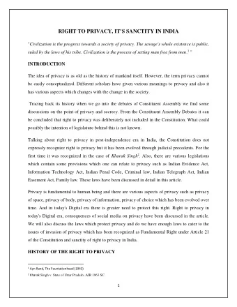 RIGHT TO PRIVACY, IT'S SANCTITY IN INDIA &quot; Civilization is the progress towards a society of