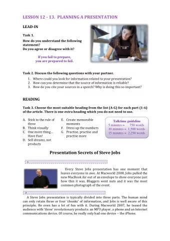 LESSON 12 - 13.  PLANNING A PRESENTATION  LEAD-IN  Task 1.  How do you understand the following