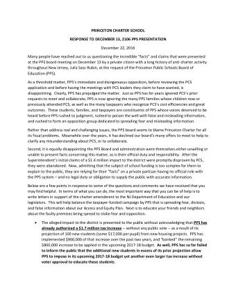 PRINCETON CHARTER SCHOOL  RESPONSE TO DECEMBER 13, 2106 PPS PRESENTATION  December 22, 2016  Many