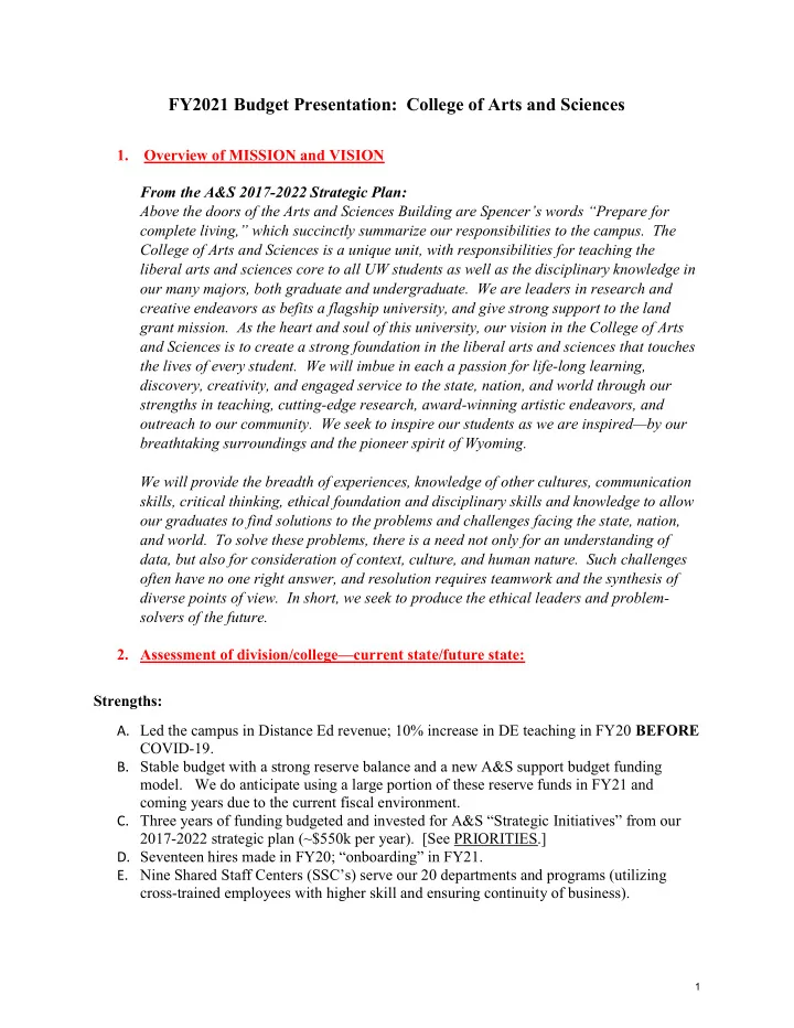 fy2021 budget presentation college of arts and sciences