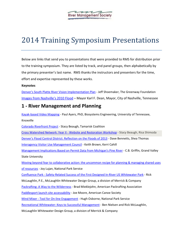 2014 training symposium presentations