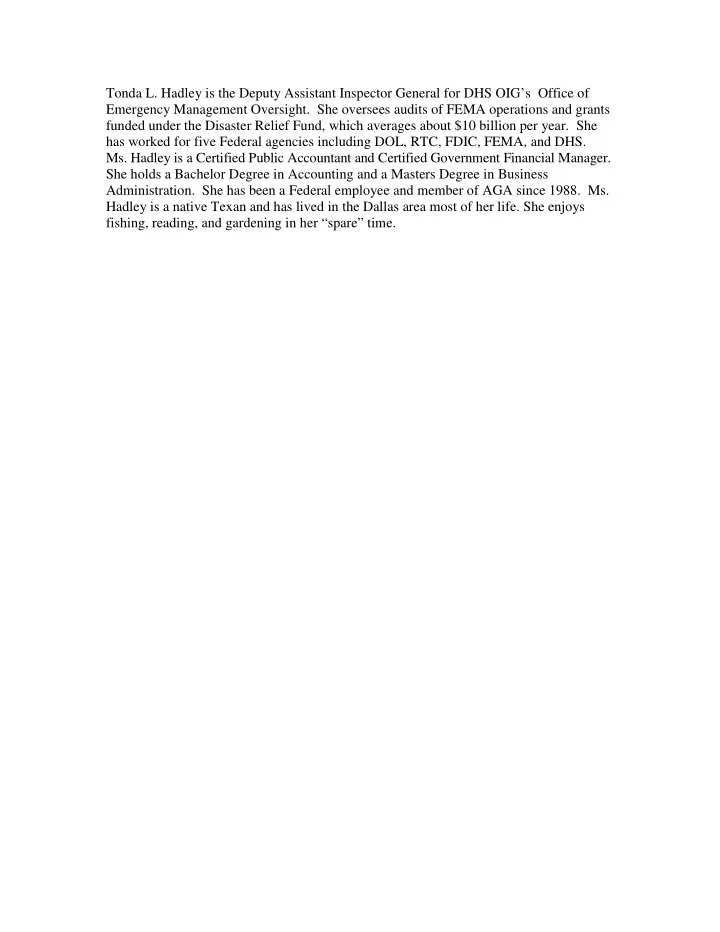tonda l hadley is the deputy assistant inspector general