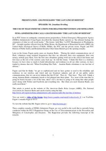 PRESENTATION: AMATEUR RADIO THE LAST LINE OF DEFENSE  SPEAKER: Mr. Jonathan Siverling  THE