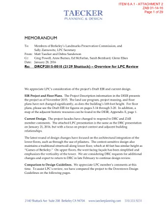 MEMORANDUM To: Members of Berkeleys Landmarks Preservation Commission, and Sally Zarnowitz, LPC
