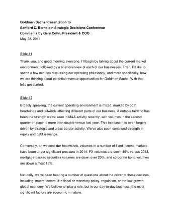 Goldman Sachs Presentation to  Sanford C. Bernstein Strategic Decisions Conference  Comments by