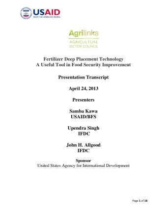 Fertilizer Deep Placement Technology  A Useful Tool in Food Security Improvement  Presentation
