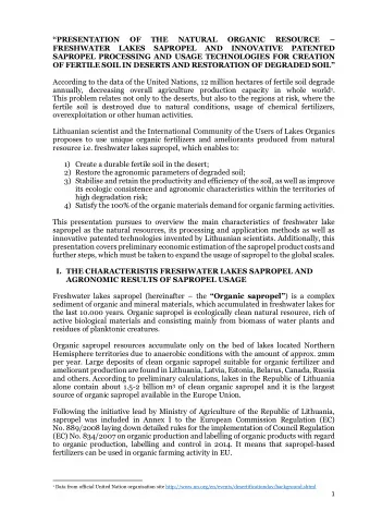 PRESENTATION  OF  THE  NATURAL  ORGANIC RESOURCE   FRESHWATER  LAKES  SAPROPEL  AND