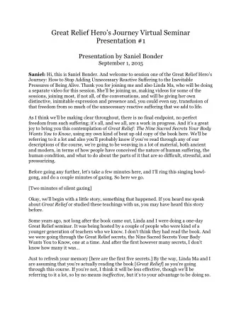 Great Relief Heros Journey Virtual Seminar  Presentation #1  Presentation by Saniel Bonder