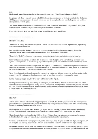 Hello  Firstly, thank you to Electrofringe for inviting me to this years event &quot;Your Privacy