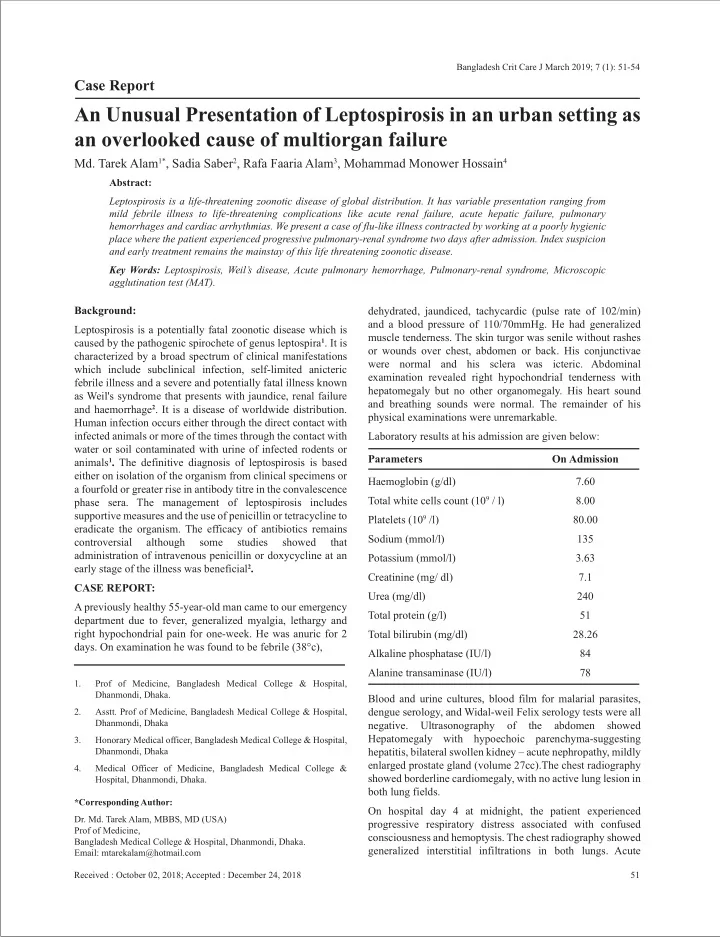 an unusual presentation of leptospirosis in an urban