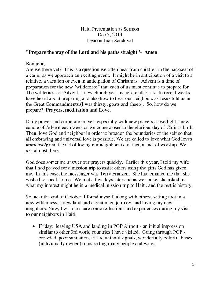 haiti presentation as sermon dec 7 2014 deacon juan