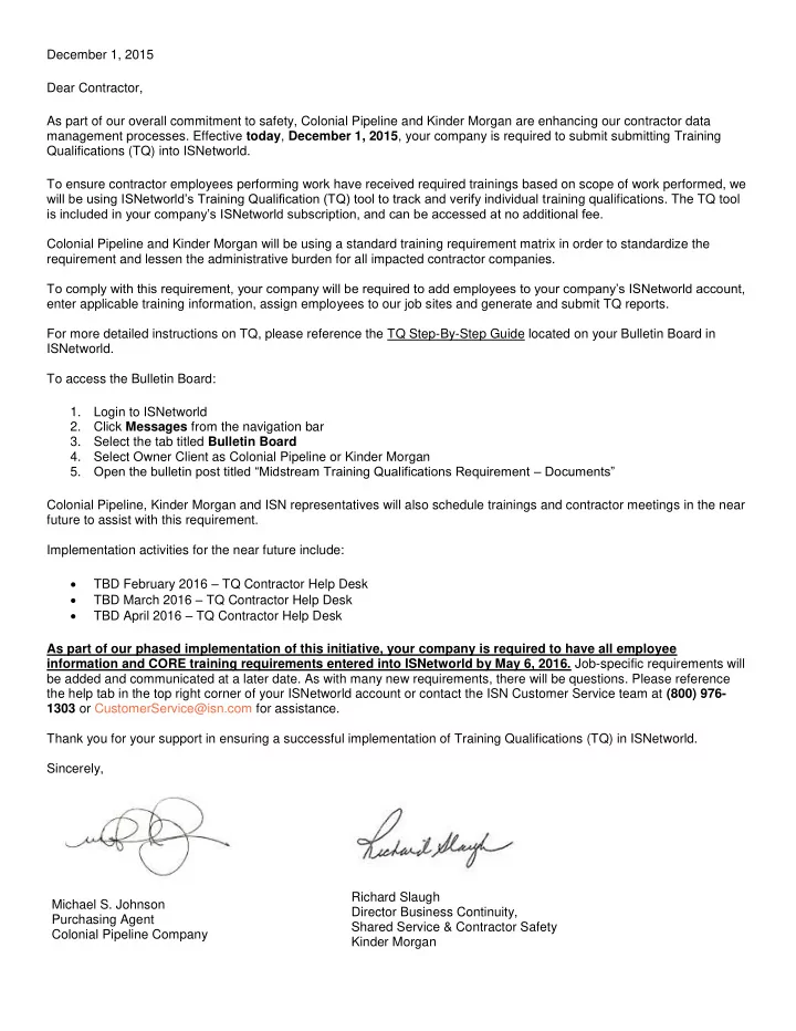 december 1 2015 dear contractor as part of our overall
