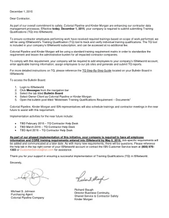 December 1, 2015  Dear Contractor,  As part of our overall commitment to safety, Colonial Pipeline