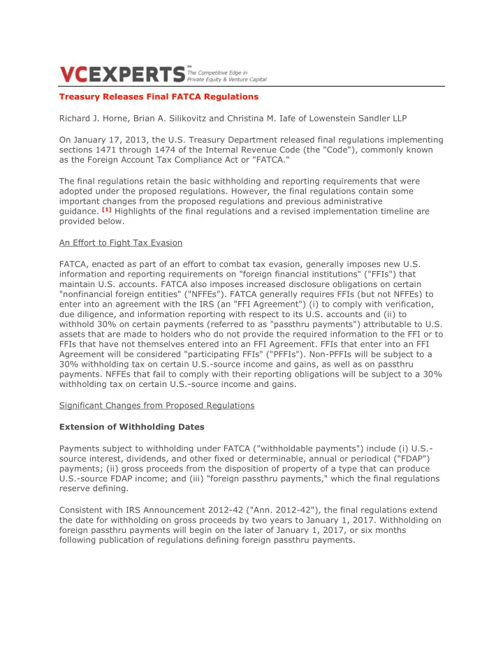 treasury releases final fatca regulations richard j horne