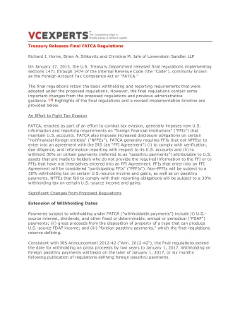 Treasury Releases Final FATCA Regulations  Richard J. Horne, Brian A. Silikovitz and Christina M.