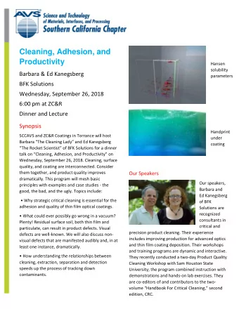 Cleaning, Adhesion, and  Productivity  Hansen  solubility  Barbara &amp; Ed Kanegsberg  parameters