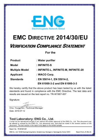 EMC D IRECTIVE 2014/30/EU V ERIFICATION C OMPLIANCE S TATEMENT  For the  Product  : Water purifier