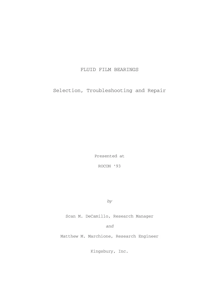 fluid film bearings selection troubleshooting and repair