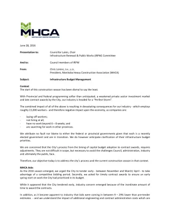 June 28, 2016 Presentation to:  Councillor Lukes, Chair  Infrastructure Renewal &amp; Public Works