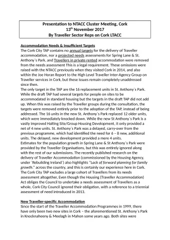 Presentatjon to NTACC Cluster Meetjng, Cork 13 th November 2017  By Traveller Sector Reps on Cork