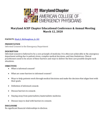 Maryland ACEP Chapter Educational Conference &amp; Annual Meeting  March 12, 2020 FACULTY: Mark S.