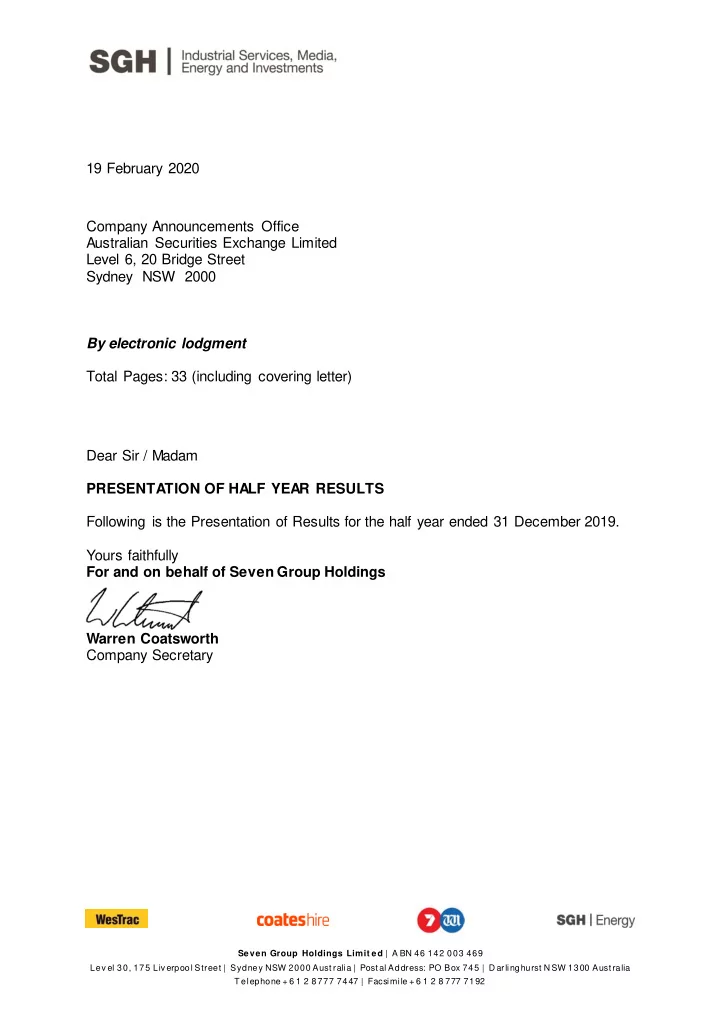 19 february 2020 company announcements office australian