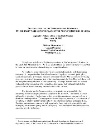 P RESENTATION  TO THE I NTERNATIONAL S YMPOSIUM O N THE D RAFT A NTI -M ONOPOLY L AW OF THE P EOPLE