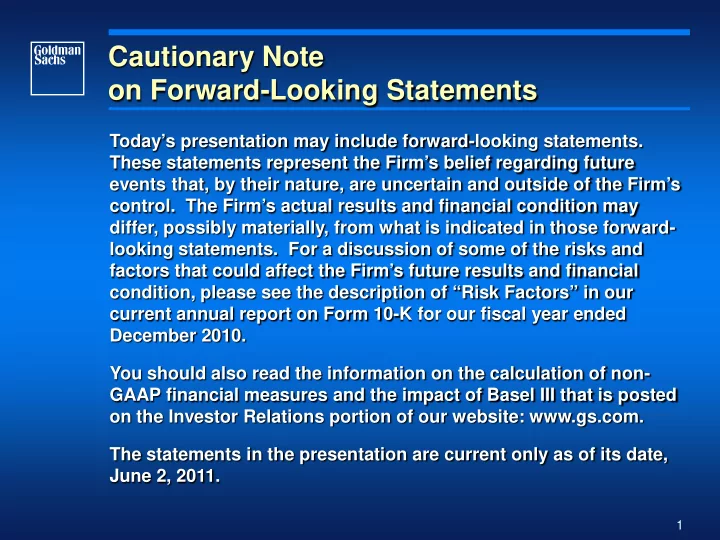 cautionary note on forward looking statements
