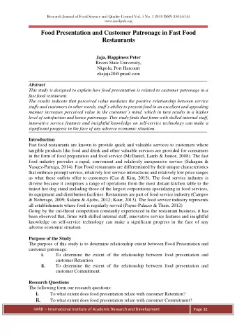 Food Presentation and Customer Patronage in Fast Food Restaurants  Jaja, Happiness Peter  Rivers