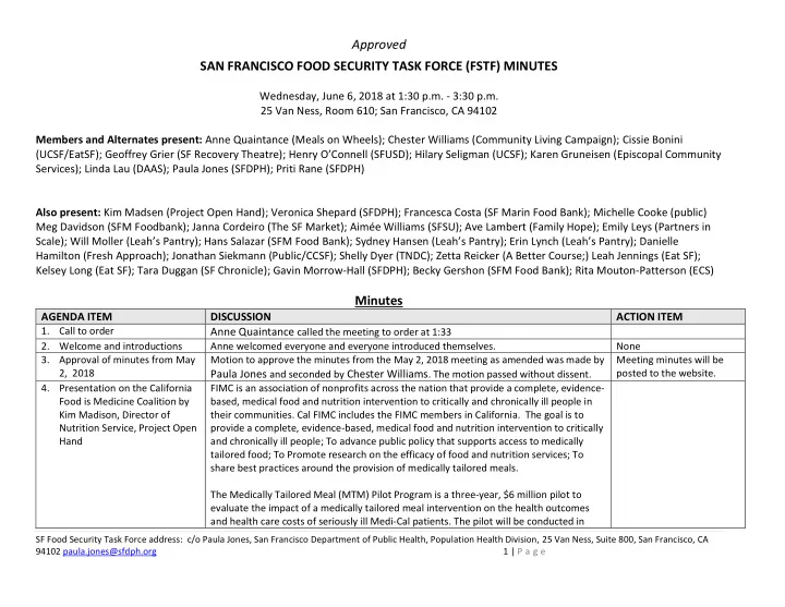 san francisco food security task force fstf minutes