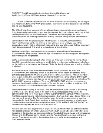 SUBJECT: WAvNA presentation to membership about WoW proposal  April 2, 2019, 6:30pm, 1330 West