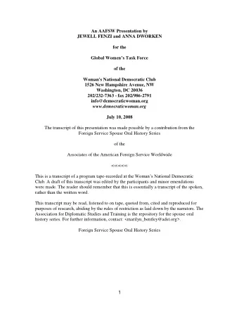 An AAFSW Presentation by  JEWELL FENZI and ANNA DWORKEN  for the Global Womens Task Force  of