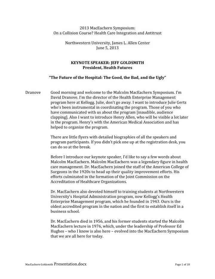 2013 maceachern symposium on a collision course health