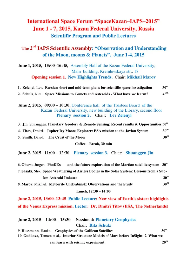 international spa ce forum spacekazan iaps 2015 june 1 7