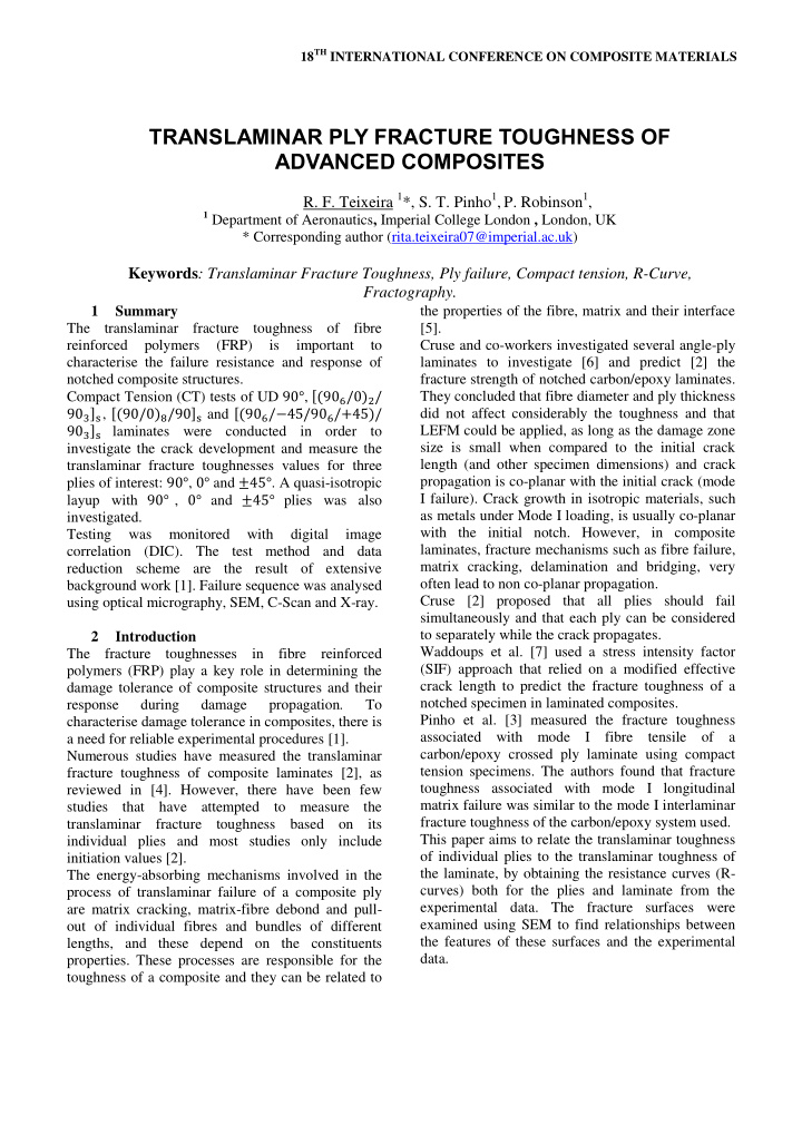 translaminar ply fracture toughness of advanced composites