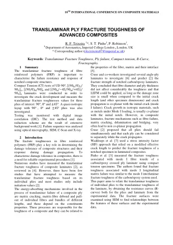 TRANSLAMINAR PLY FRACTURE TOUGHNESS OF ADVANCED COMPOSITES R. F. Teixeira 1 *, S. T. Pinho 1 , P.