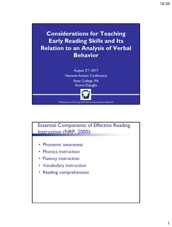Considerations for Teaching  Early Reading Skills and Its  Relation to an Analysis of Verbal