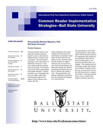 Common Reader Implementation Strategies  Ball State University  Inside this packet:  Presented
