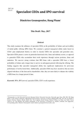 Specialist CEOs and IPO survival Dimitrios Gounopoulos, Hang Pham 1  This Draft: May, 2017