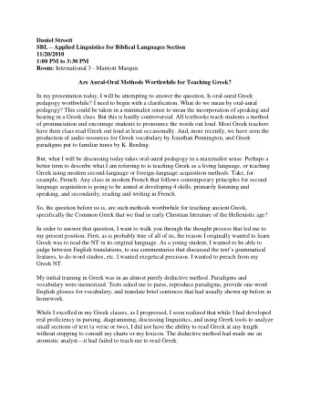 Daniel Streett SBL  Applied Linguistics for Biblical Languages Section 11/20/2010 1:00 PM to