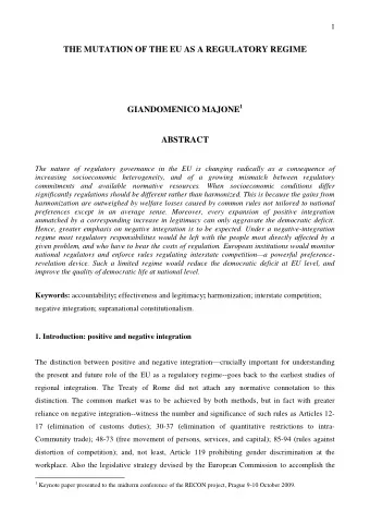 THE MUTATION OF THE EU AS A REGULATORY REGIME GIANDOMENICO MAJONE 1  ABSTRACT  The nature of