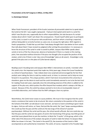 Presentation at the SLP Congress in Milan, 12 May 2013 by Dominique Holvoet  When Paola