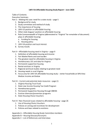 LWV-VA Affordable Housing Study Report  June 2020  Table of Contents  Executive Summary Part 1