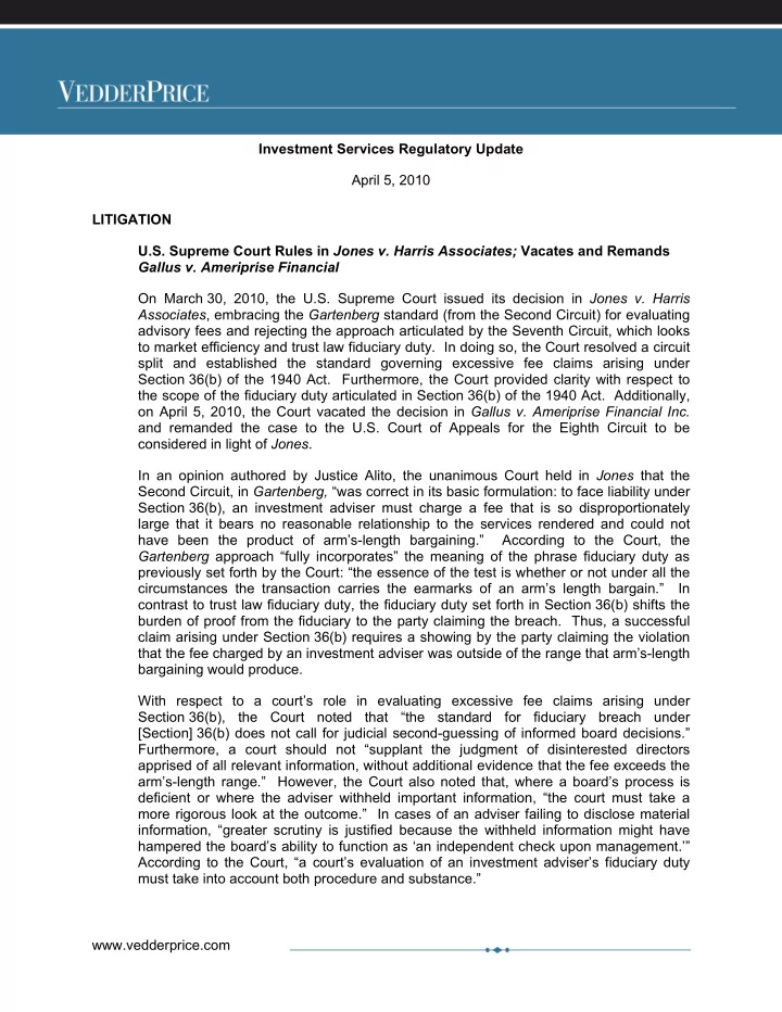 investment services regulatory update april 5 2010