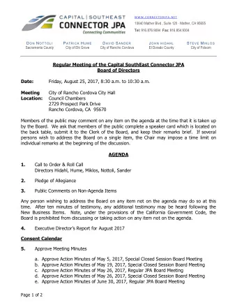 Regular Meeting of the Capital SouthEast Connector JPA  Board of Directors Date:  Friday, August